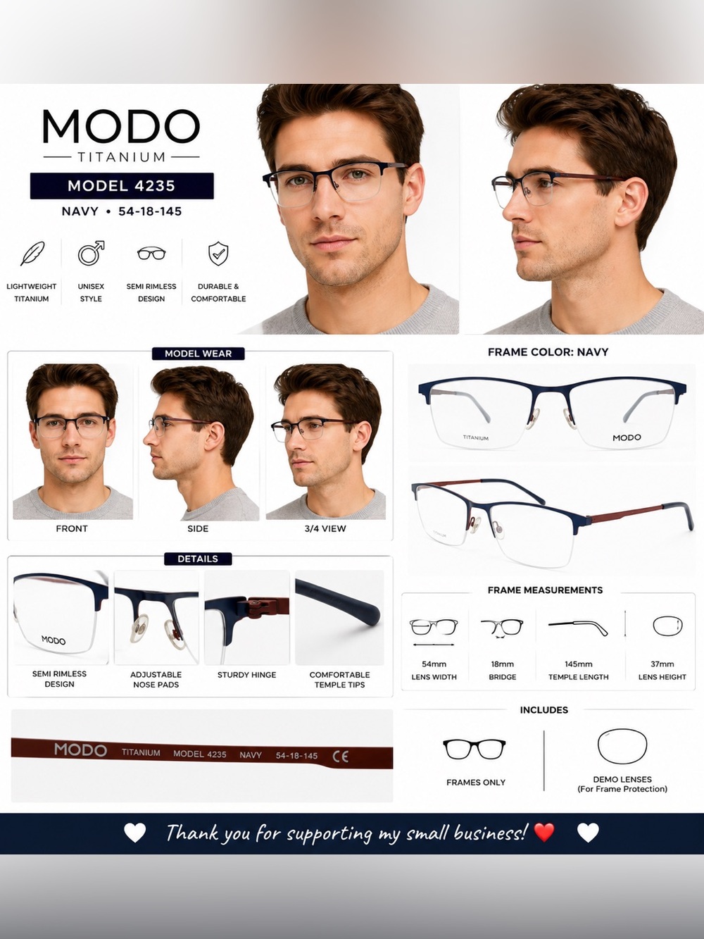 MODO Titanium 4235 Semi Rimless Eyeglass Frames Navy 54-18-145 Lightweight
